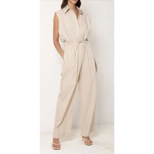 SWF Jumpsuit Size L Neutral Beige Cotton Wide Leg Collar Sleeveless Drawstring